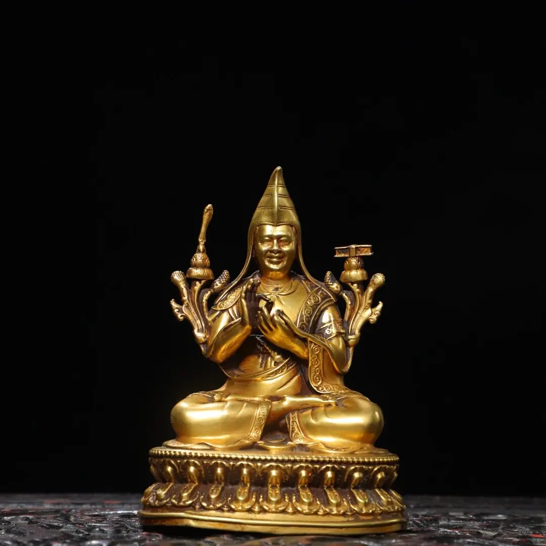 Tsongkhapa Master Statue Pure Copper Gold Gilded Tibetan Buddhist Retro Home Temple Altar Desk Decor Ornament