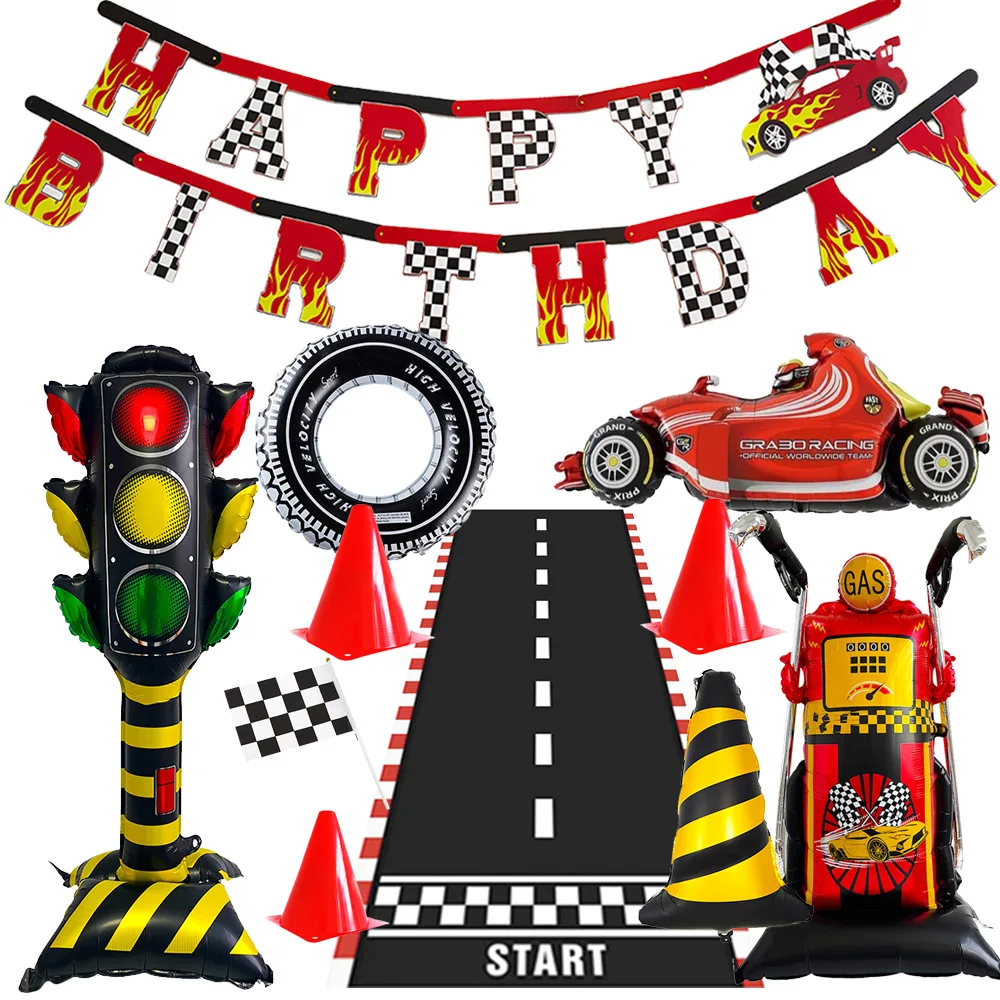 Racing Car Party Decor Supplies Banner Traffic Lights Gas Stations Tires Balloon Track Safety Cone Kids Birthday Party Decor