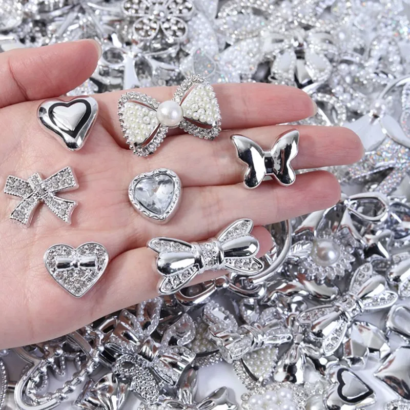 Random Silver Color Shiny Rhinestone Pearl Mix Plastic Charms