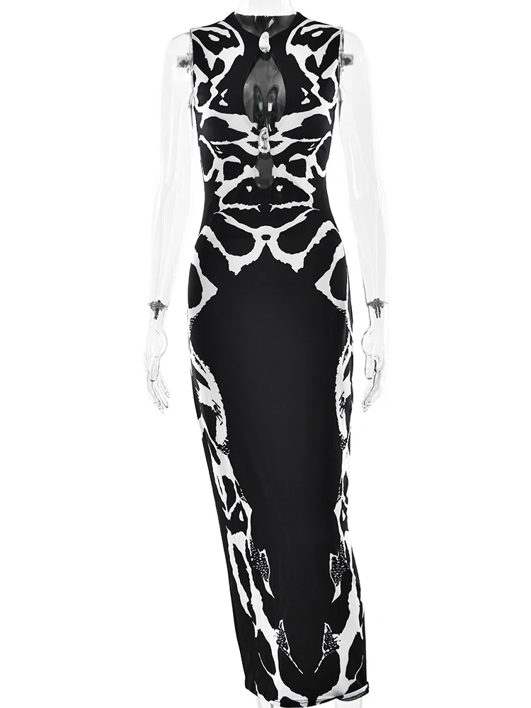 Sibybo Contrast Printed Hollow Out Maxi Dress Women Fashion O Neck Sleeveless Bodycon Club Partywear Summer Sexy Long Dresses