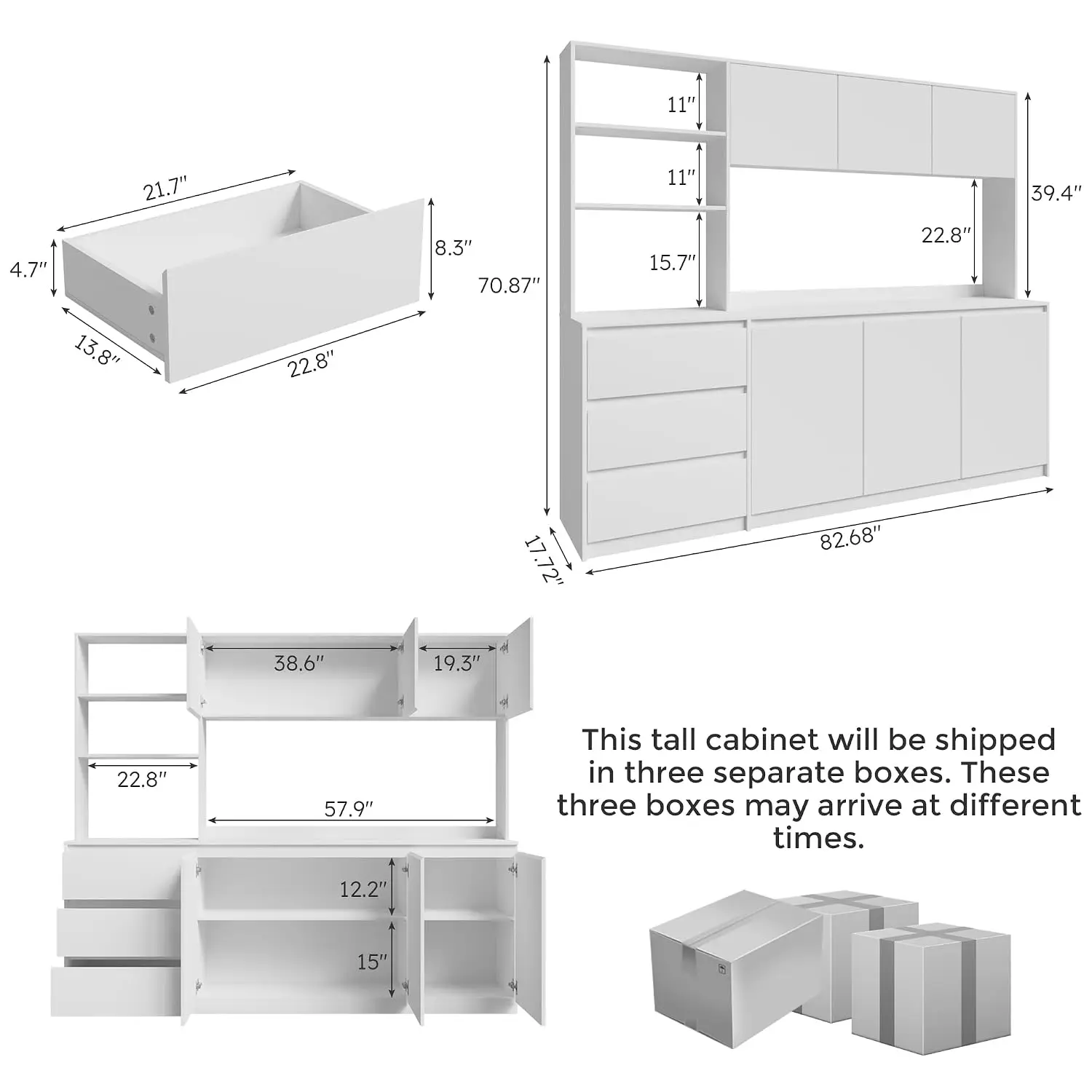 Large Kitchen Hutch Cabinet with Microwave Stand, Storage Cupboard Pantry with 3-Tier External Shelves and 3, Customized