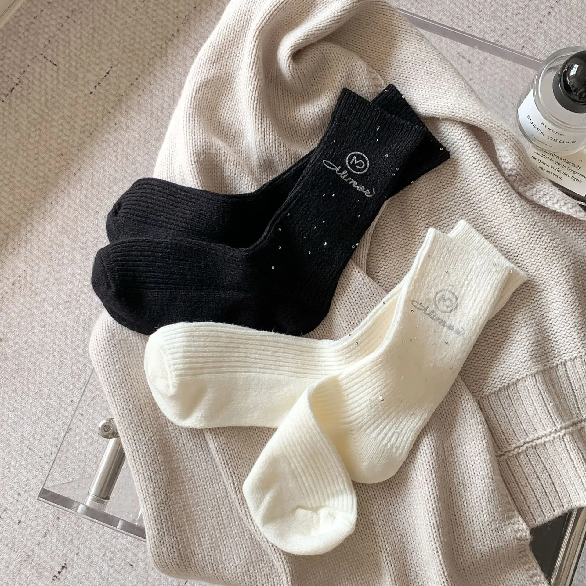 Wool Women's Autumn and Winter Light Luxury Black and White Flash Piece Accessory Socks Fashion Embroidery Letter Socks