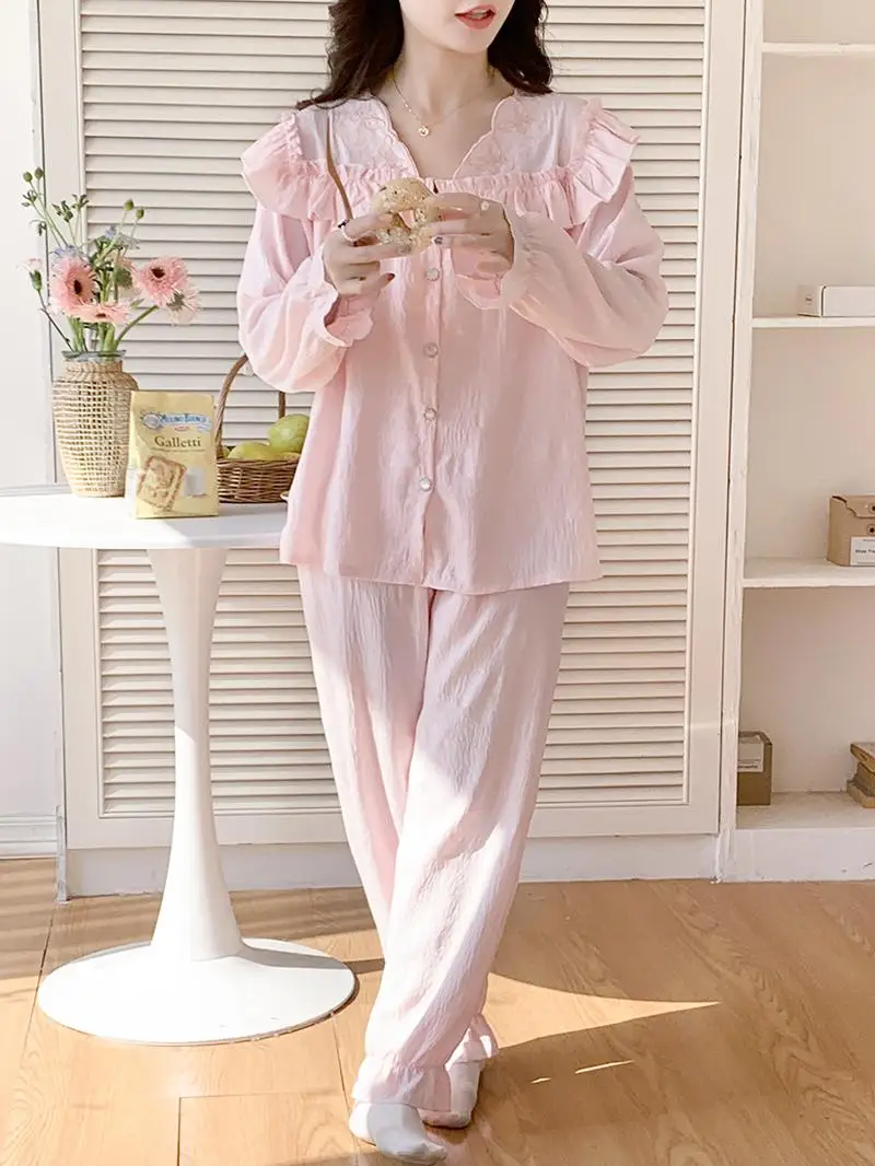 

Qiyuelai Cloud Cotton Spwear Women's Spring Thin Long Sve Home Clothes Set Cute Open Cardigan Comfortable Spwear