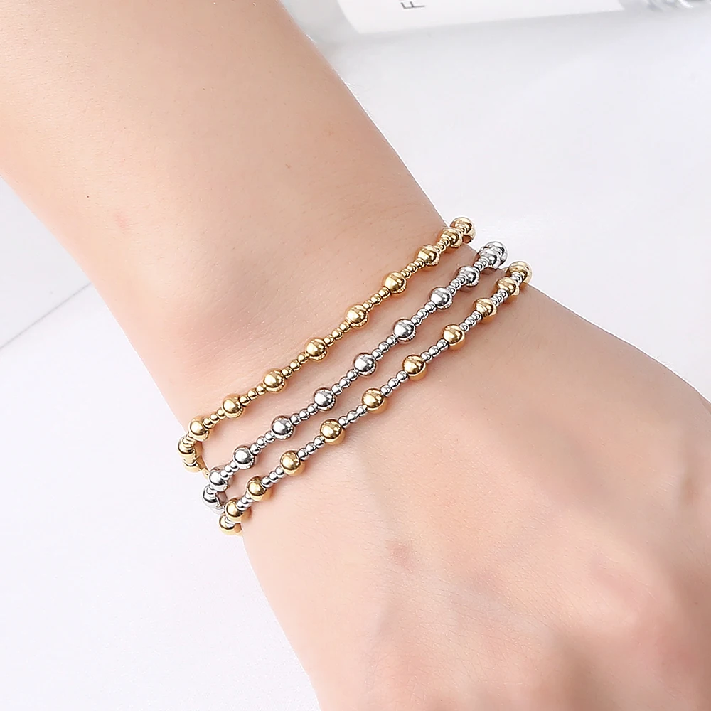 New DIY Accessories Metal Stainless Steel Waterproof Non Fading Jewelry Girl Party Durable Solid Round Beads Elasticity Bracelet