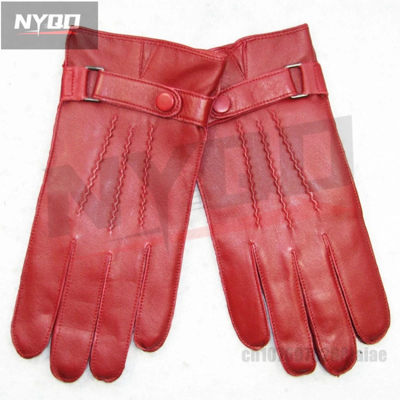 Real Leather Men Gloves Autumn Winter Thermal Wrist Buckle Red Sheepskin Driving Gloves Male Classic Style XC-203