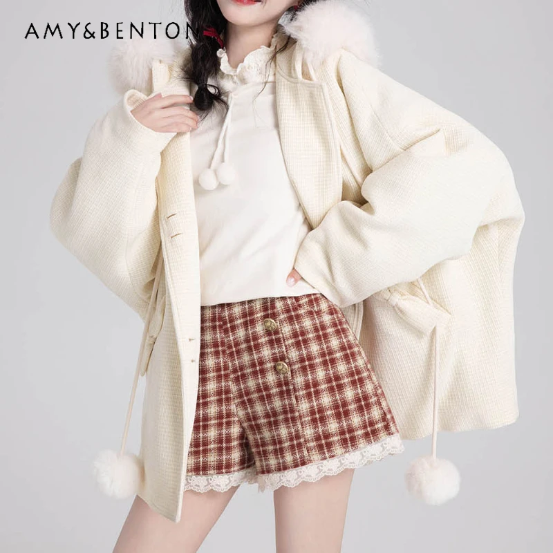 

2024 Autumn and Winter New Year's Sweet Outer Wear Lace Red Plaid Woolen Shorts For Women