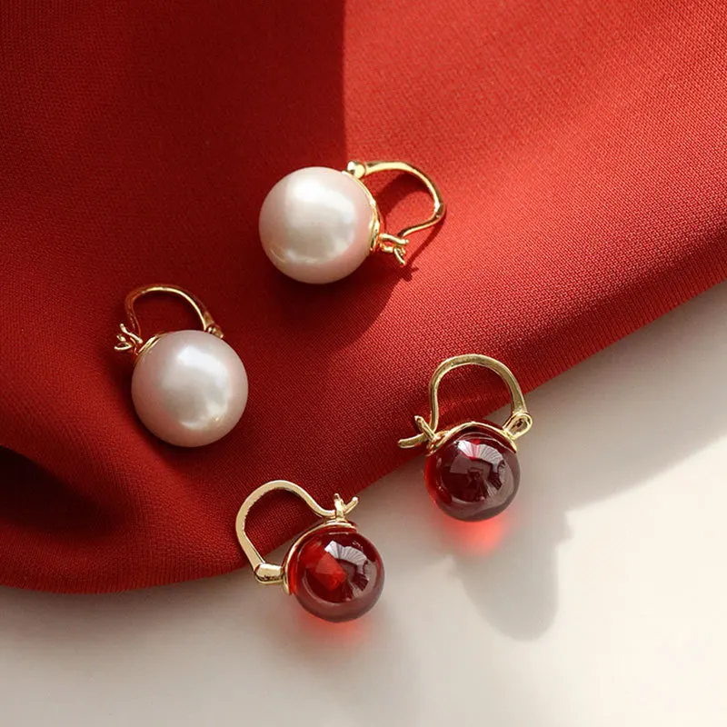 925 Sterling Silver Natural Ruby Red Garnet & Pearl Hoop Earrings for Women Wedding Engaged Christmas Party Fine Jewelry