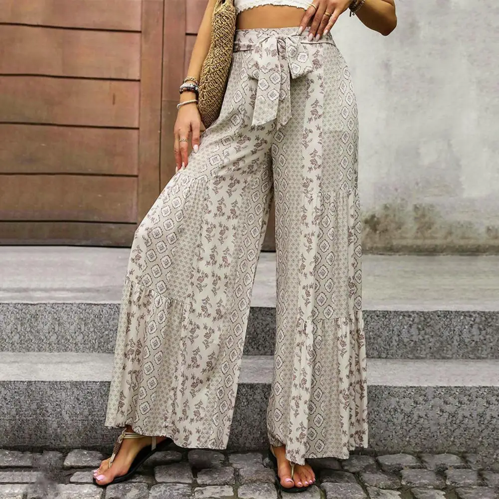 

Breathable Trousers Ethnic Style Lace-up Beach Trousers for Women Loose Fit Wide Leg Pants with High Waist Knot Detail Summer