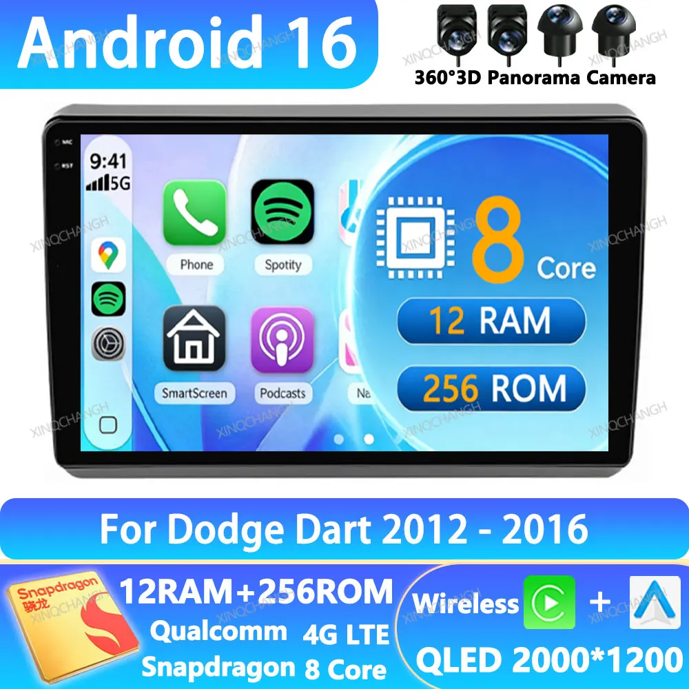 Radio para Auto Android 16 para Dodge Dart 2012-2016, GPS, 4G, WIFI, Qualcomm, Reproductor Multimedia de Video, Navegación, QLED, 2DIN, BT, Unidad Principal