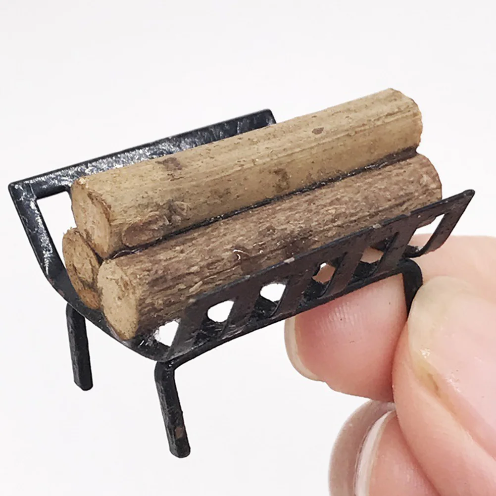 1:12 Mini Dollhouse Simulation Model Black Metal Firewood Rack Miniature Furniture Model Log Fireplace Basket Holder Garden