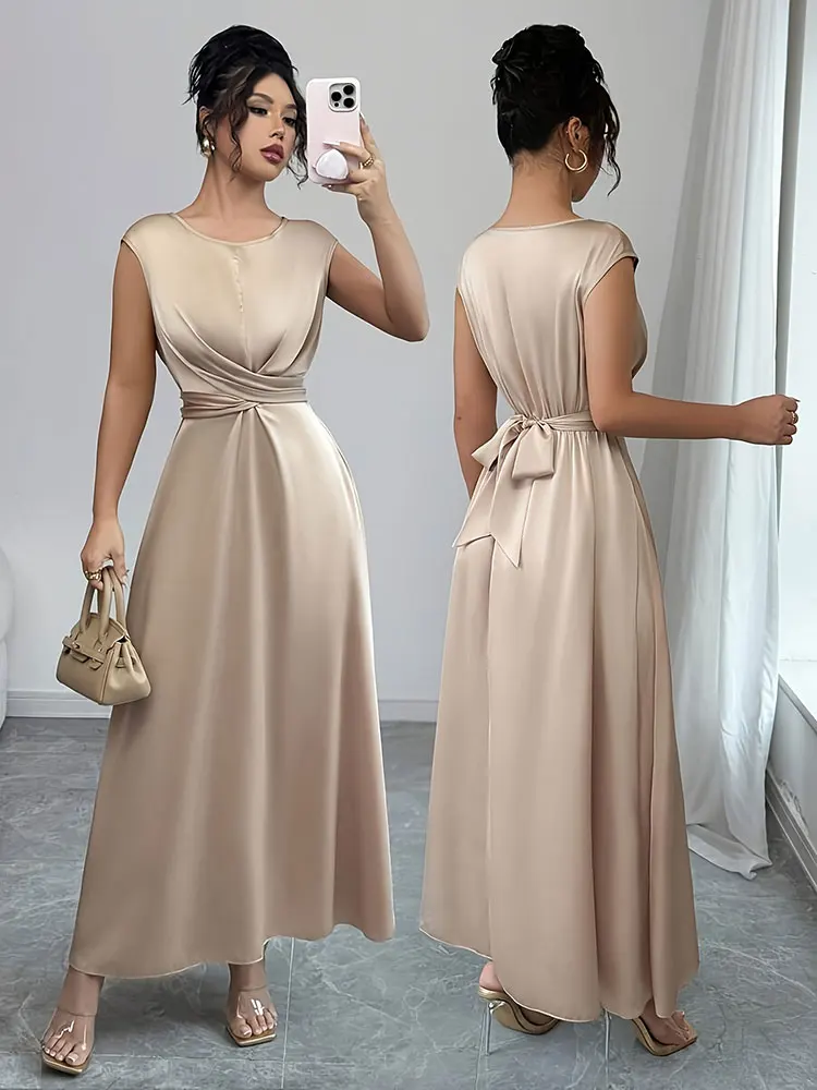 فستان نسائي جديد أنيق برقبة دائرية بدون أكمام بقصة ضيقة وحزام ربط من الساتان ملابس أنثوية فساتين حفلات أنيقة