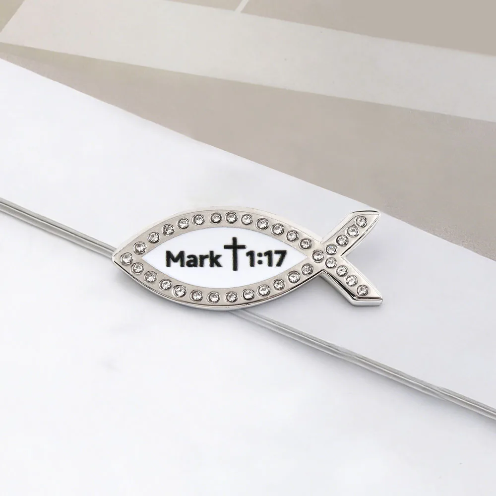 Strass-Brosche mit christlichem Jesus-Fisch, Mark 1:17 Bibelvers, Ichthys Metall-Abzeichen, religiöse Accessoires, Dekoration für Rucksack und Kleidung – Detail 8