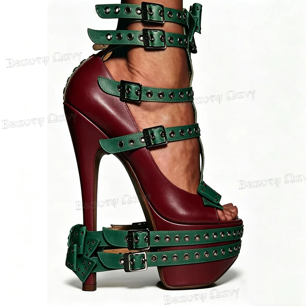 Green Orange Belt Buckle Decor Sandals Platform Women Shoes Open Round Toe High Heel Shoes for Girls Zapatos Para Hombres