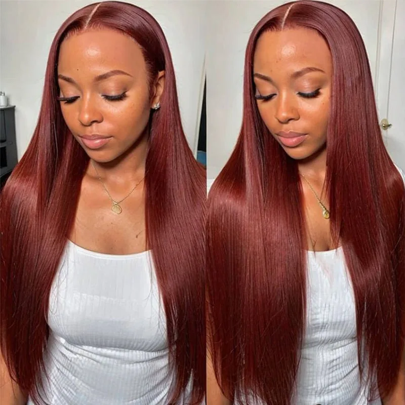 Reddish Brown 13x6 Lace Frontal Wig Human Hair Straight Lace Front Wig Dark Red Brown Malaysia Remy Hair 200% Density