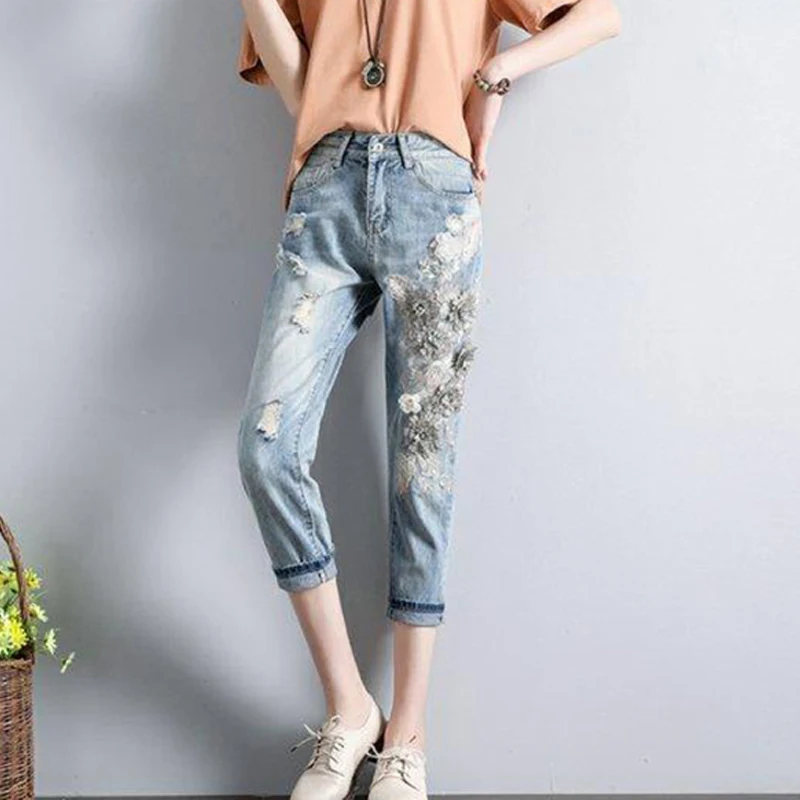 초가을 여성용 한국 버전 신상 꽃 자수 헤비 듀티 카우보이 스타일 캐주얼 9부 팬츠 트렌디