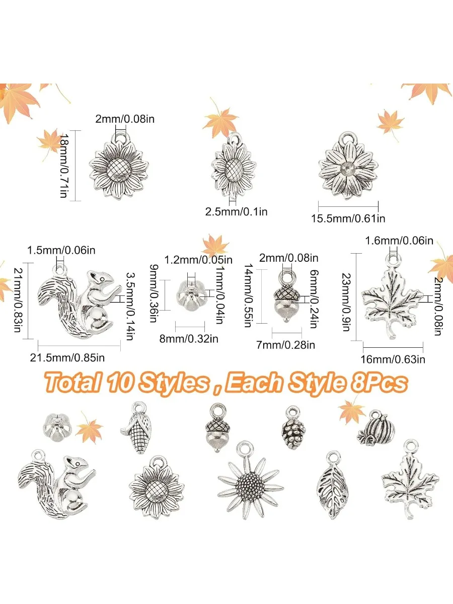 1 Box 80Pcs 10 Style Thanksgiving Charms Bulk Autumn Charms Fall Charm Pumpkin Sunflower Maple Leaf Squirrel Harvest Charm