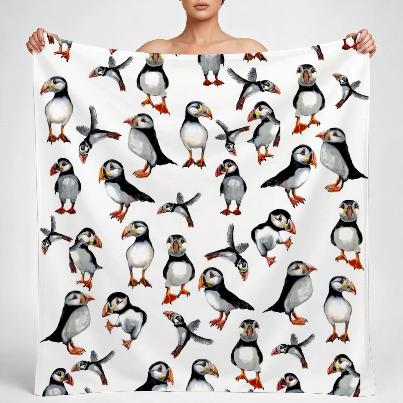 Puffins Pattern Throw Blanket couch cozy soft plush fuzzy picnic outdoor blanket