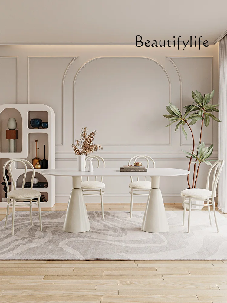 

Обеденный стол и стулья во французском кремовом стиле из чистого белого камня, современный простой овальный стол для маленькой квартиры