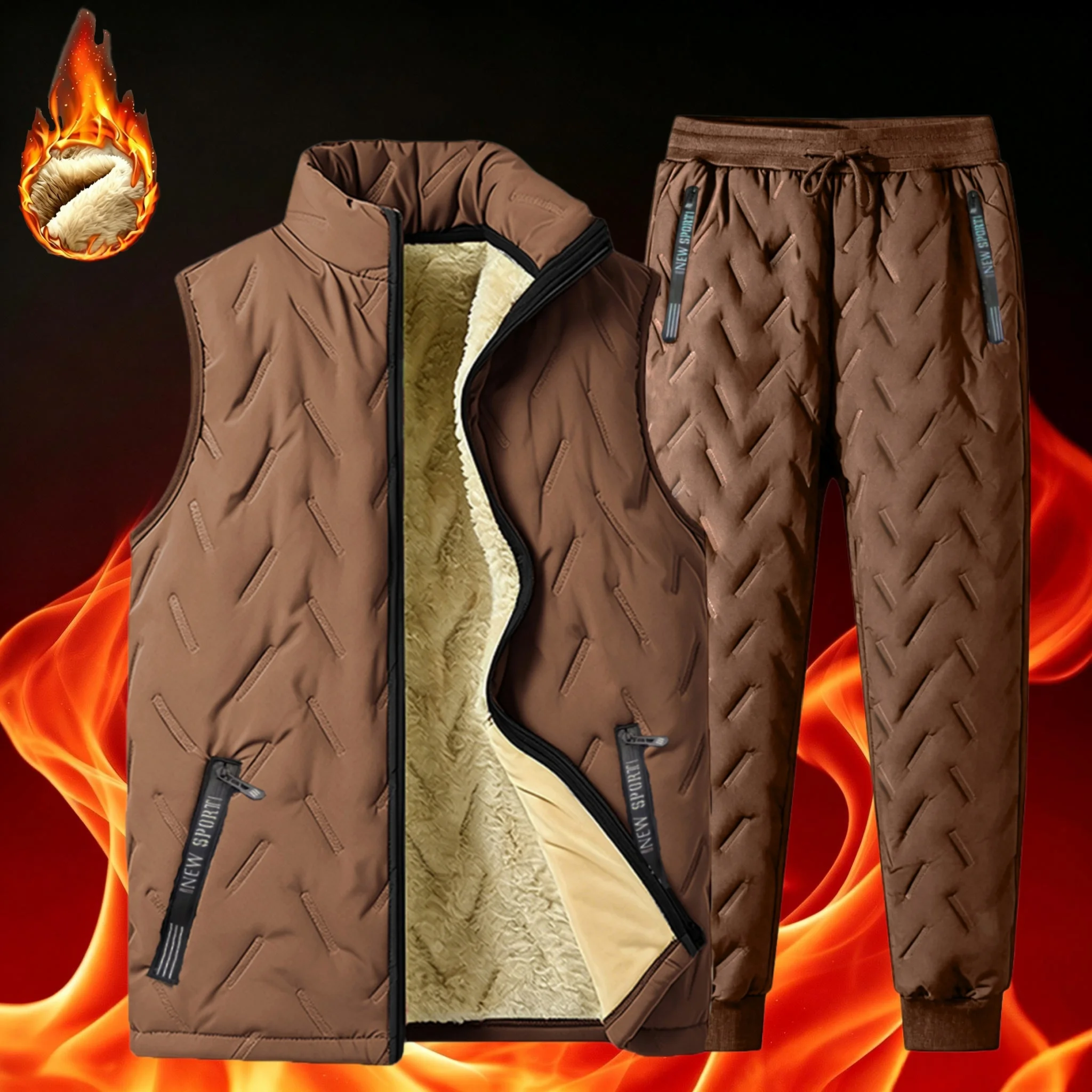 Immagine 4: Completo invernale da uomo composto da due pezzi: gilet imbottito con fodera in pile e pantaloni termici in cotone, antivento, caldo e casual.