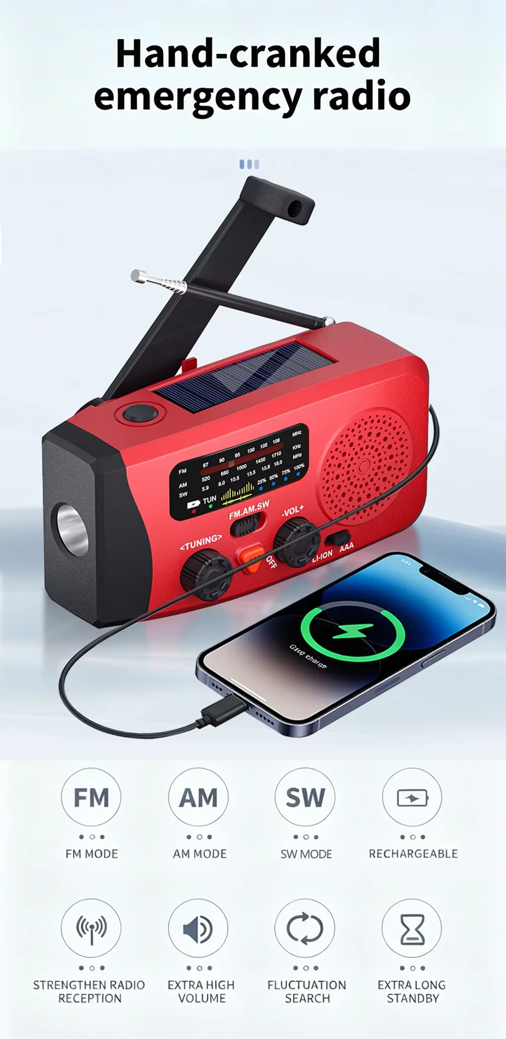 Notfall-Solar-Handkurbelradio AM/FM/SW, tragbare Warn- und Überlebens-Taschenlampe, Powerbank-Handy-Ladegerät für Camping und Hurrikan – Detail 1