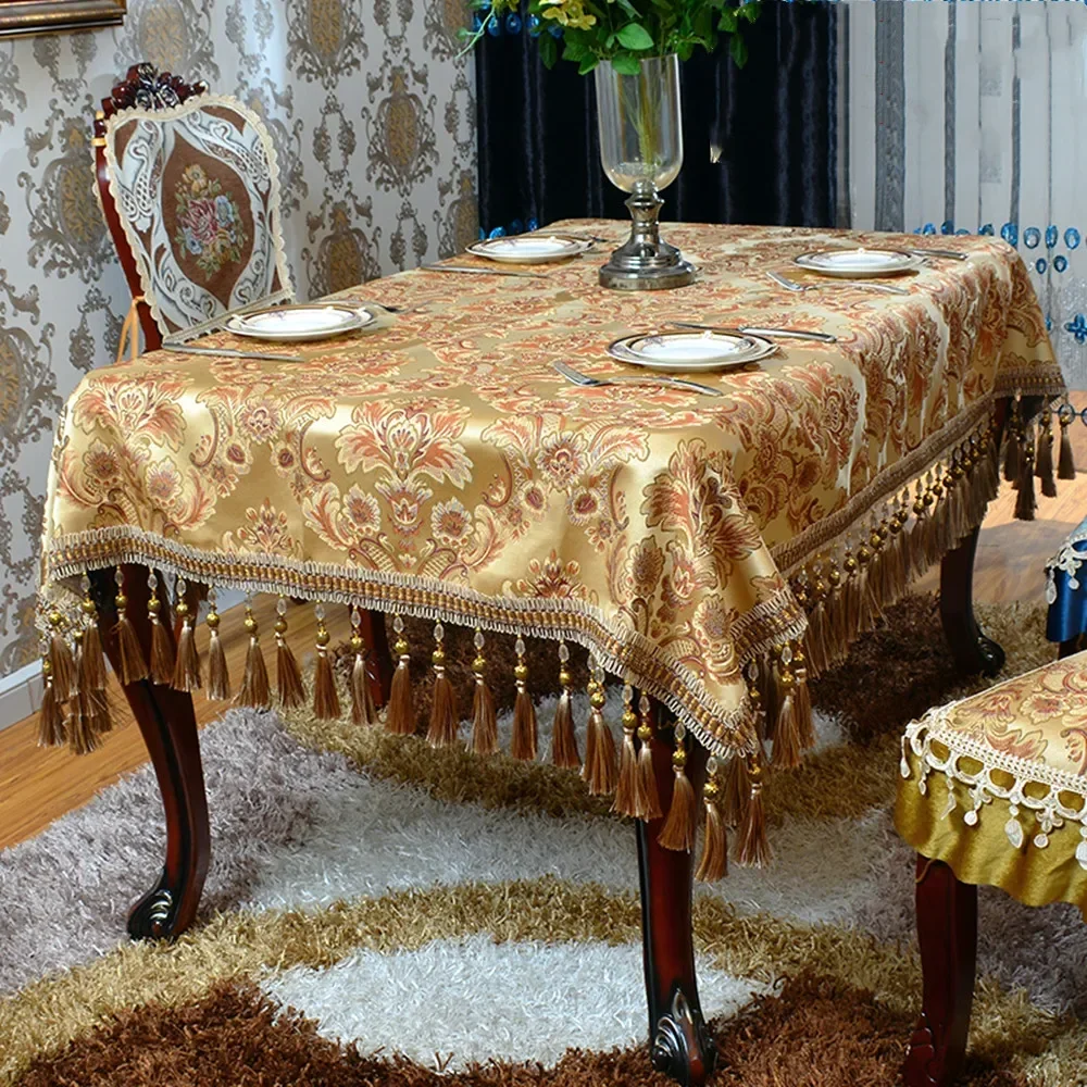 Gold European Luxury Tassel Table Cloth High Density 3D Embroidery Process Tablecloth Anti-slip Suede Bottom Dining Table Cover