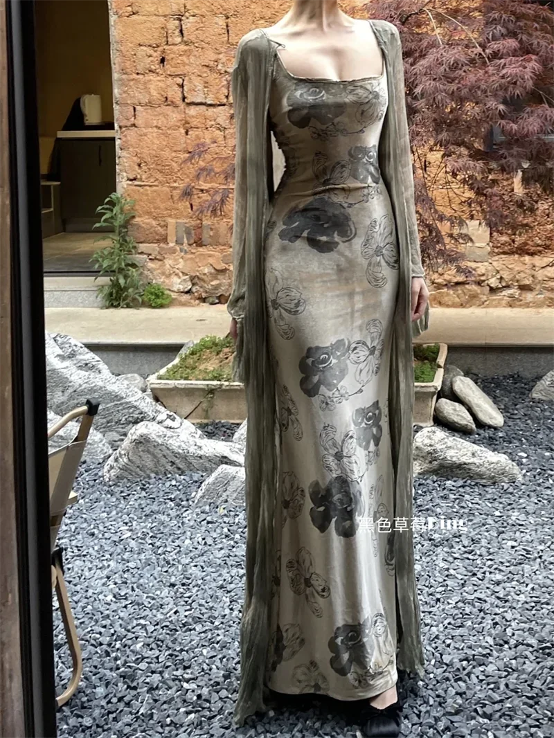 

Новое облегающее бархатное платье в китайском стиле в стиле ретро с рисунком тушью для женщин + солнцезащитный кардиган с длинными рукавами Y2k, комплекты из двух предметов