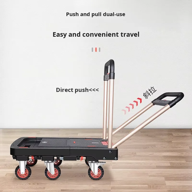 Plastic Platform Handcart Trolley Six-Wheel Foldable Flatbed Industrial Cargo Cart 500kg Load Capacity