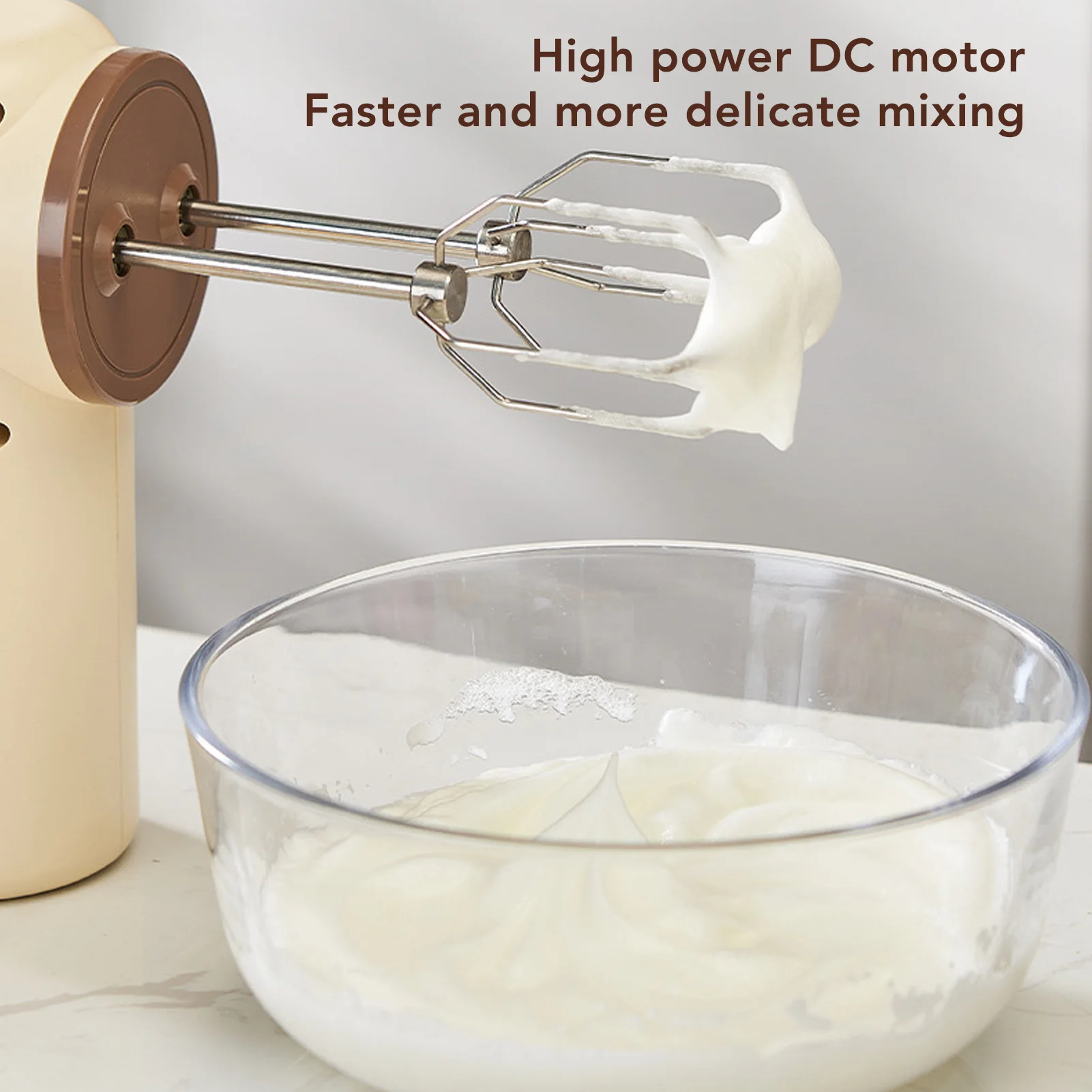 Electric Hand Mixer Fine Polishing USB Charging 5 Speed Cordless Electric Hand Mixer Khaki with Stainless Steel Whisk for Cream