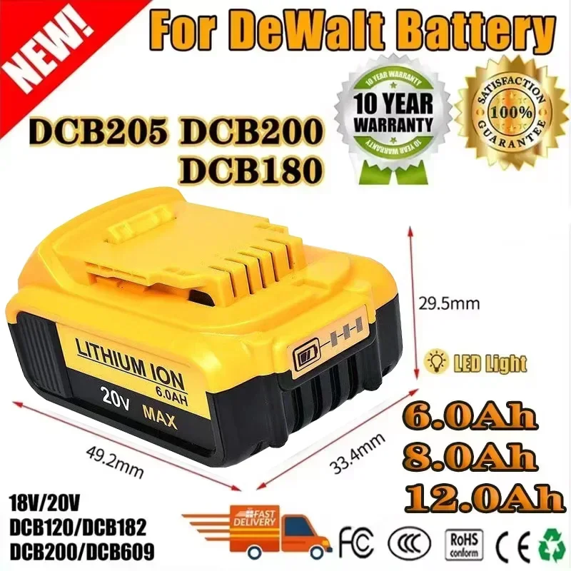 

DCB200 20V 12000mAh Lithium Replacement Battery For Dewalt 18V DCB184 DCB200 DCB182 DCB180 DCB181 DCB182 DCB201 DCB206