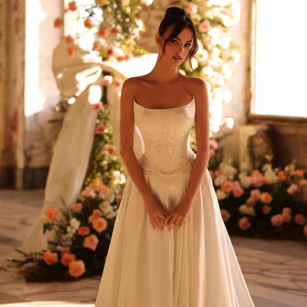 فستان زفاف مخصص من الساتان واللؤلؤ على شكل حرف a للمرأة العروس مشد منظم بدون حمالات أنيق بدون ظهر فستان زفاف #3