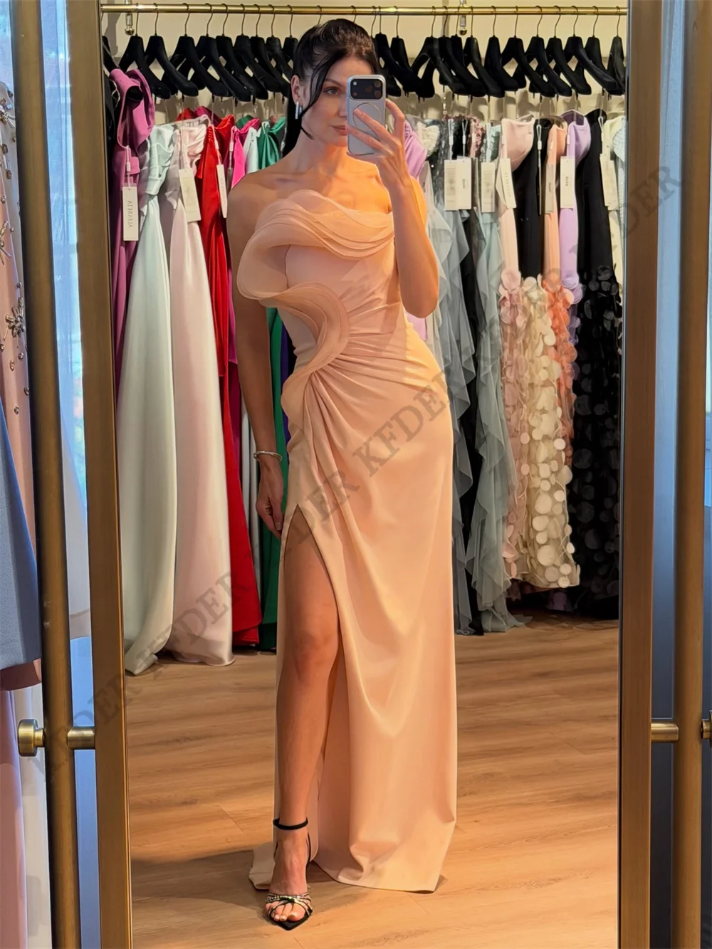 Pink Elegant Evening Dresses Strapless Sleeveless Beach Floor Length Prom Gowns Party Dress Vestidos De Novia Customized