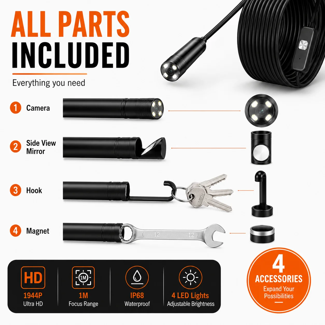 Auto Focus Endoscope 12MM 5MP Cameras Borescope For Car Pipe Inspection 1080p Mini Camera 4 Led Cables For Android And PC