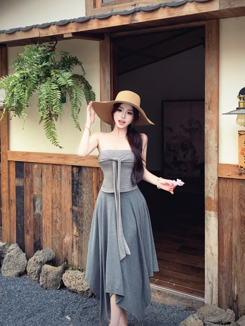 

Spicy Girl Short Sleeve Ribbon Crop Top Vest Long Sleeve Open Cardigan Women Summer Irregular Skirt Three Piece Set Fashion E...