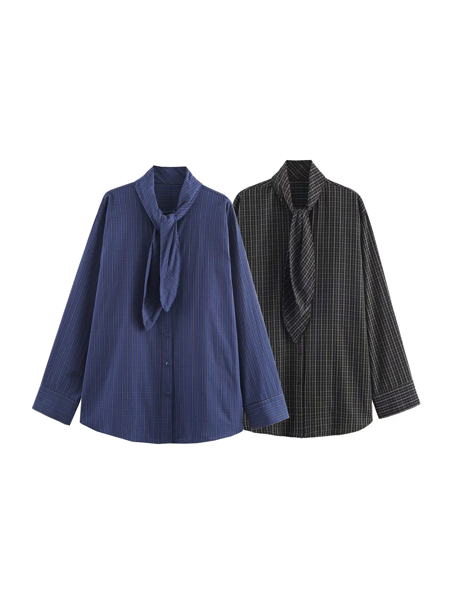 

Women's Blue Plaid Scarf Shirts Blouses Vintage Elegant 2000s Long Sleeve Office Ladies Shirt Fashion Clothes Spring Autumn 2025