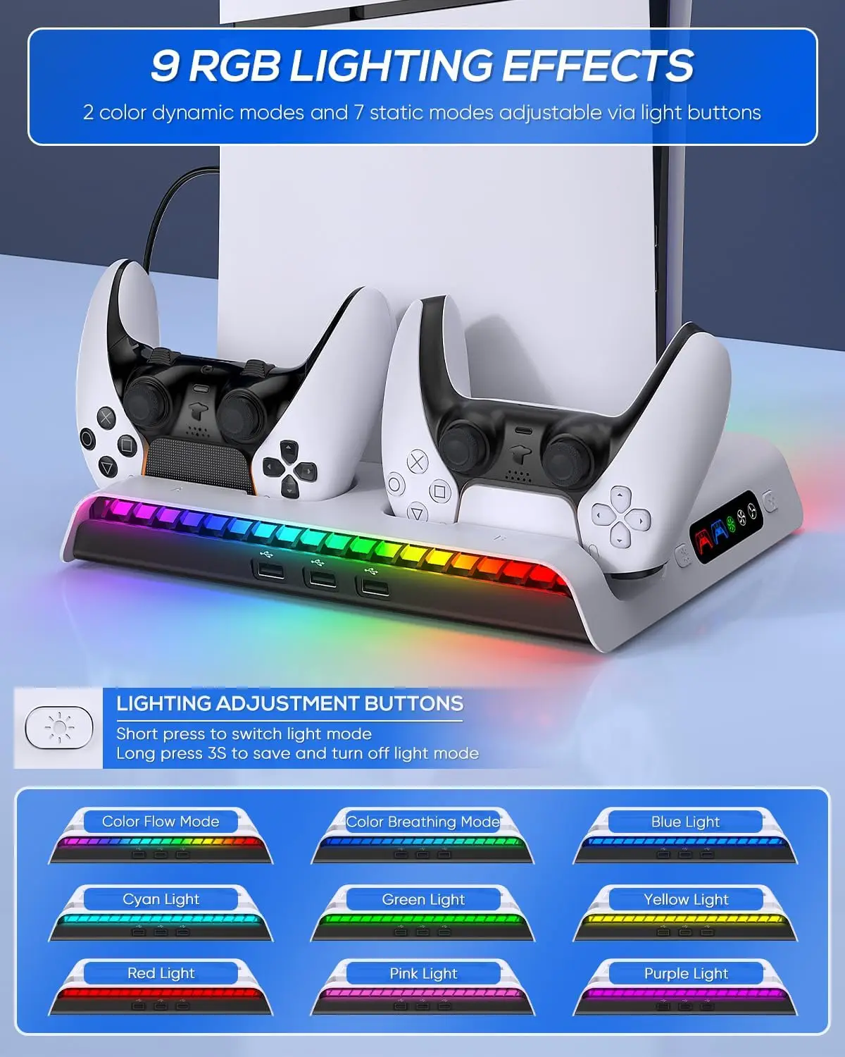 Per PS5 Slim Charging Stand ventola di raffreddamento Station per DualSense/Edge Playstation 5 Slim Controller con gancio per cuffie RGB Light