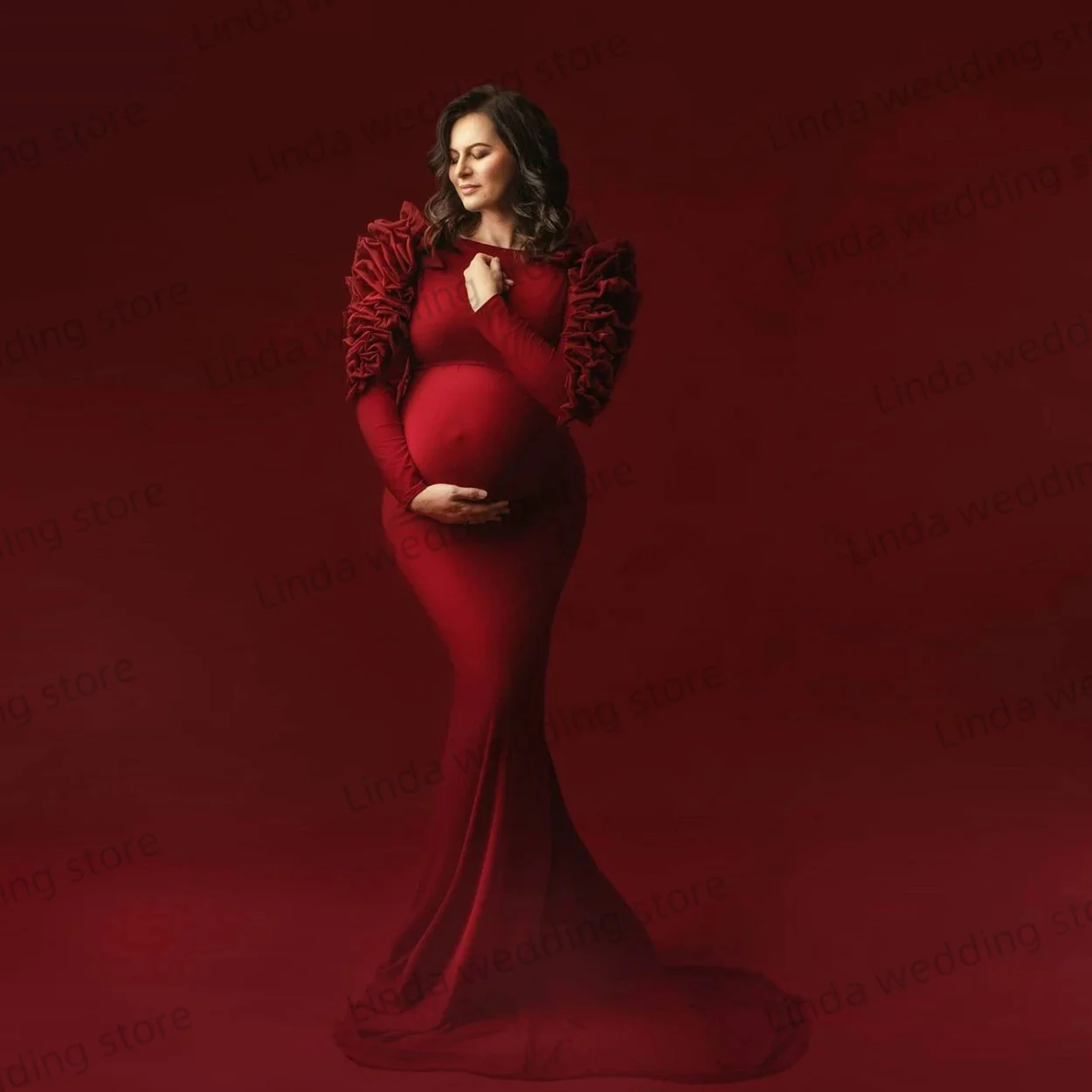 Elegant Dark Red Maternity Gowns for Women  Ruffles Mermaid Pregnancy  Prom Gowns Photo Shoot Dressing Babyshower Robes