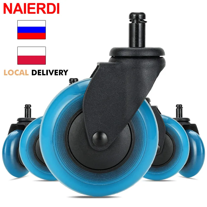 NAIERDI 3 Inch Caster Wheels Office Replacement Chair Wheel Blue Polyurethane Soft Rubber Swivel Furniture Wheels Set of 5