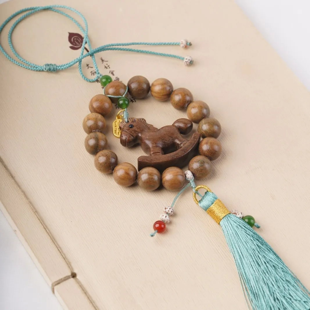 DIY Wooden Prayer Beads Tassel Car Hanger Peach Wood Green Sandalwood Rearview Mirror Decorative Ornaments Gifts