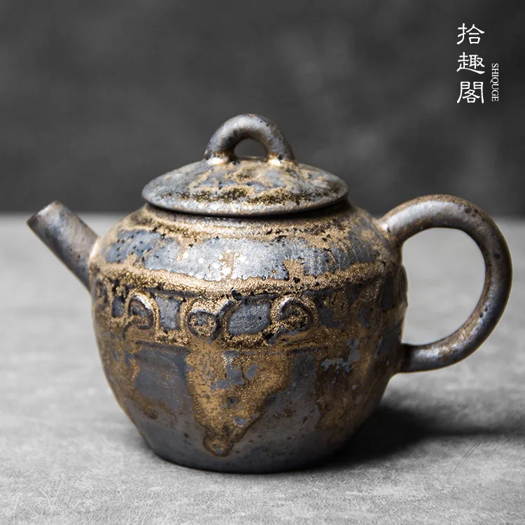 Handmade Ceramic Teapot, Wood Fired Kung Fu Tea Set, Maker, Gilded Japanese Earthenware Small Pot With Filter, For Home Use