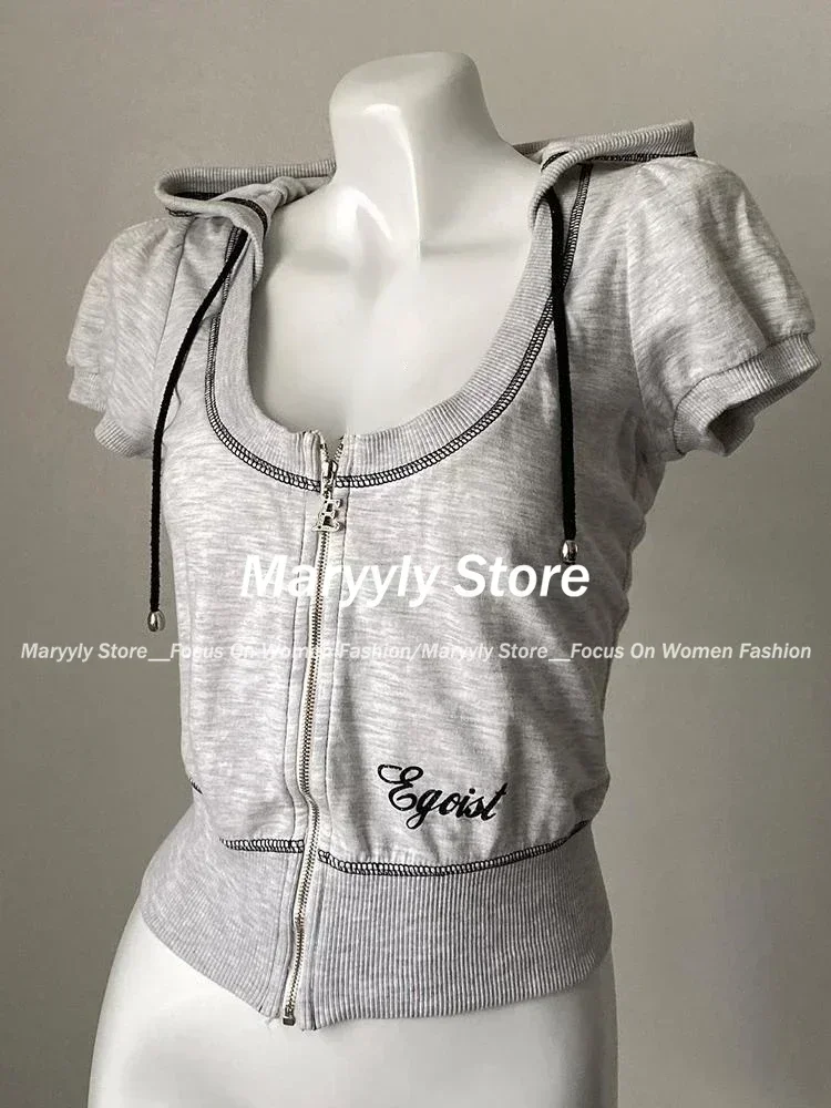 American Retro Hooded T-shirt Women 2000s Vintage Slim Y2k Crop Tops 2024 Summe Harajuku Streetwear Short Sleeve Tees Shirts New