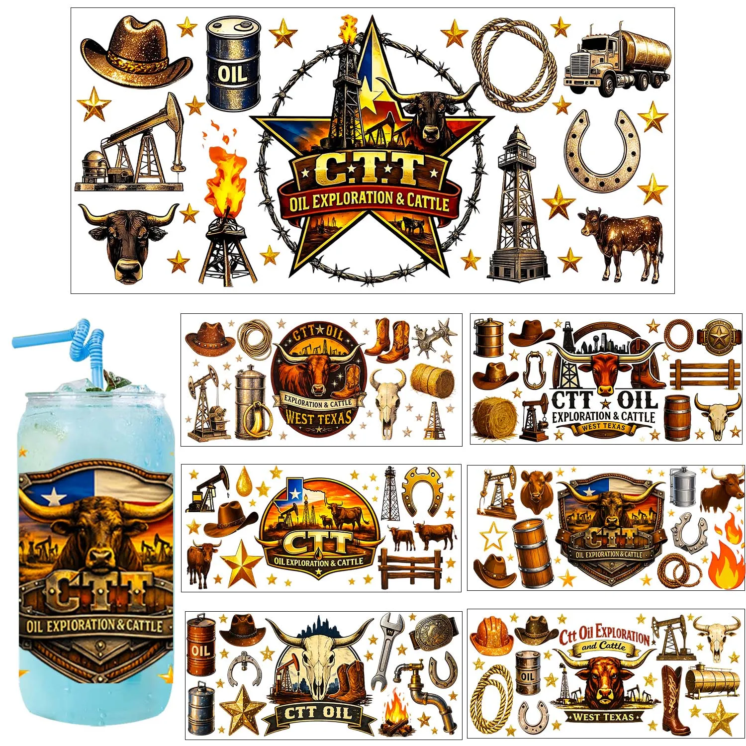 Texas Lifestyle Cowboy Up Rub On UV DTF Transfer Sticker Waterproof DIY Decals 3D Transfers UVDTF Sticker 16oz UV DTF Cup Wraps