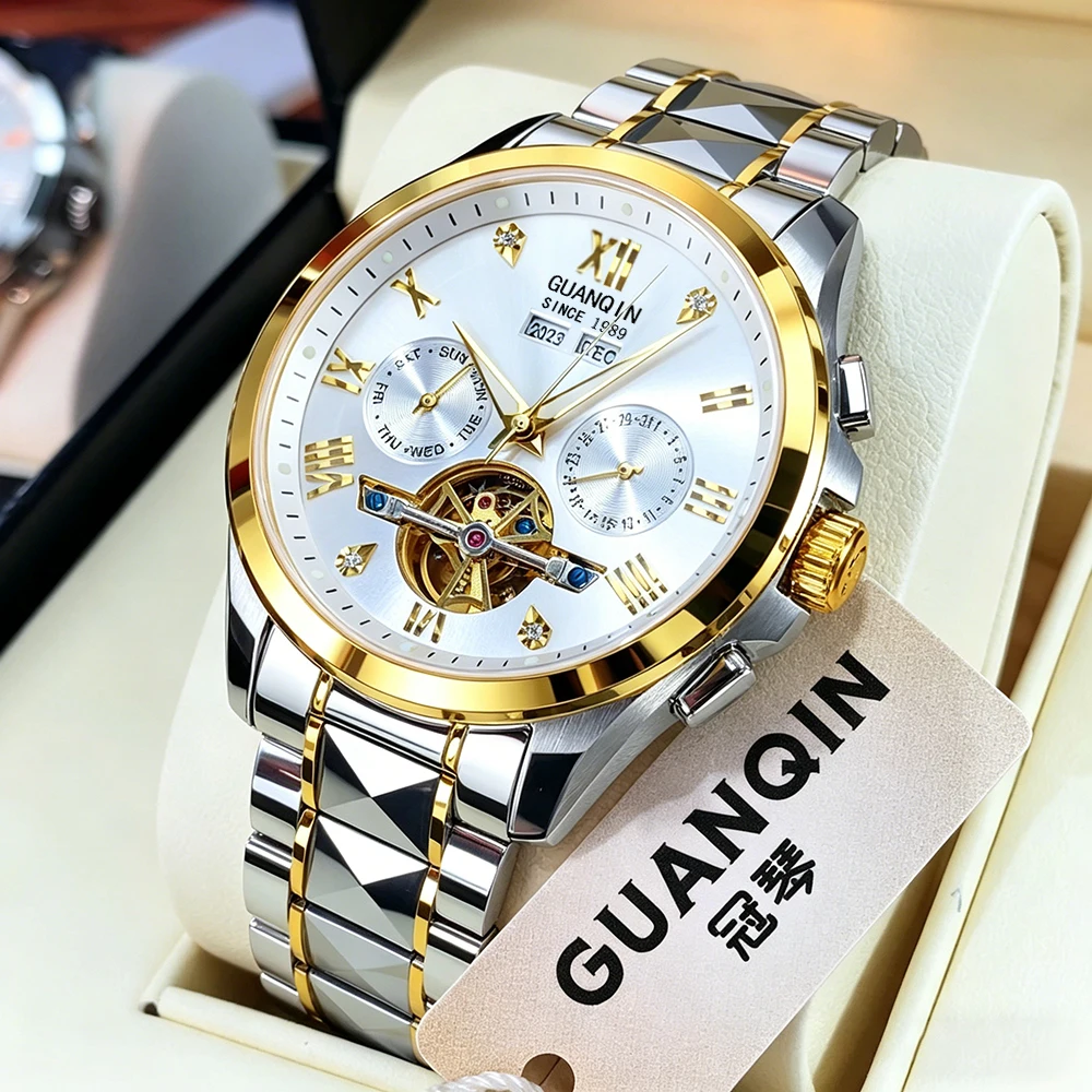 GUANQIN Top Luxury Men's Watches Waterproof Tungsten Steel Original Brand Flywheel Automatic Mechanical Wristwatch Calendar New