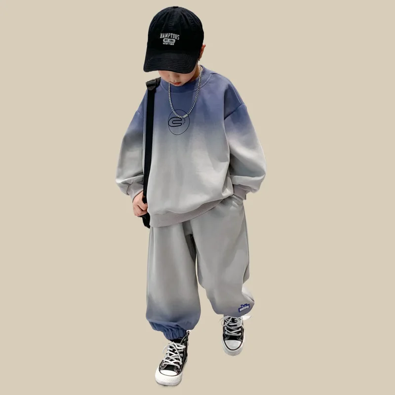 2025 Spring Young Teenager Boy 2PCS Clothing Set Gray Tie Dye Cotton Hoodies Loose Fit Sporty Jogger Pant Junior Boys Tracksuits