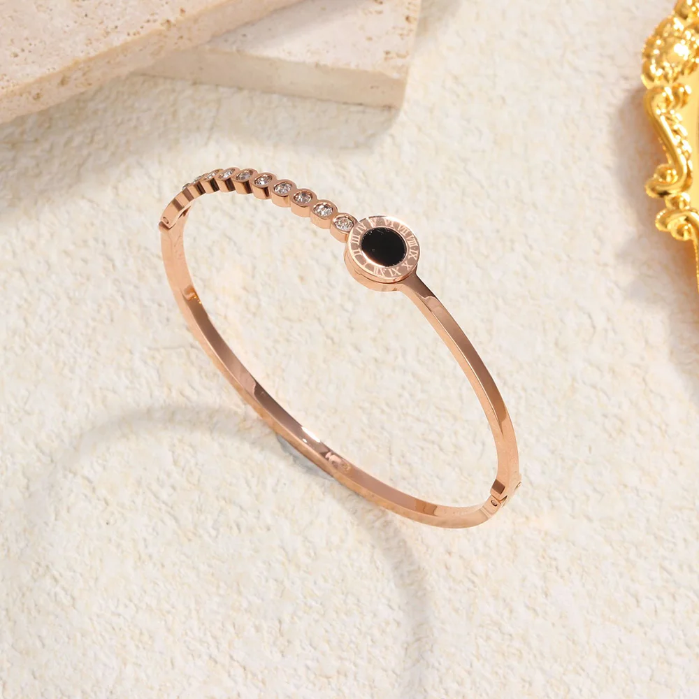 

Electroplated Roman Numerals Stainless Steel with Diamonds Thin Bracelet, Women's Elegant Lightweight Commuter Hand Jewelry.