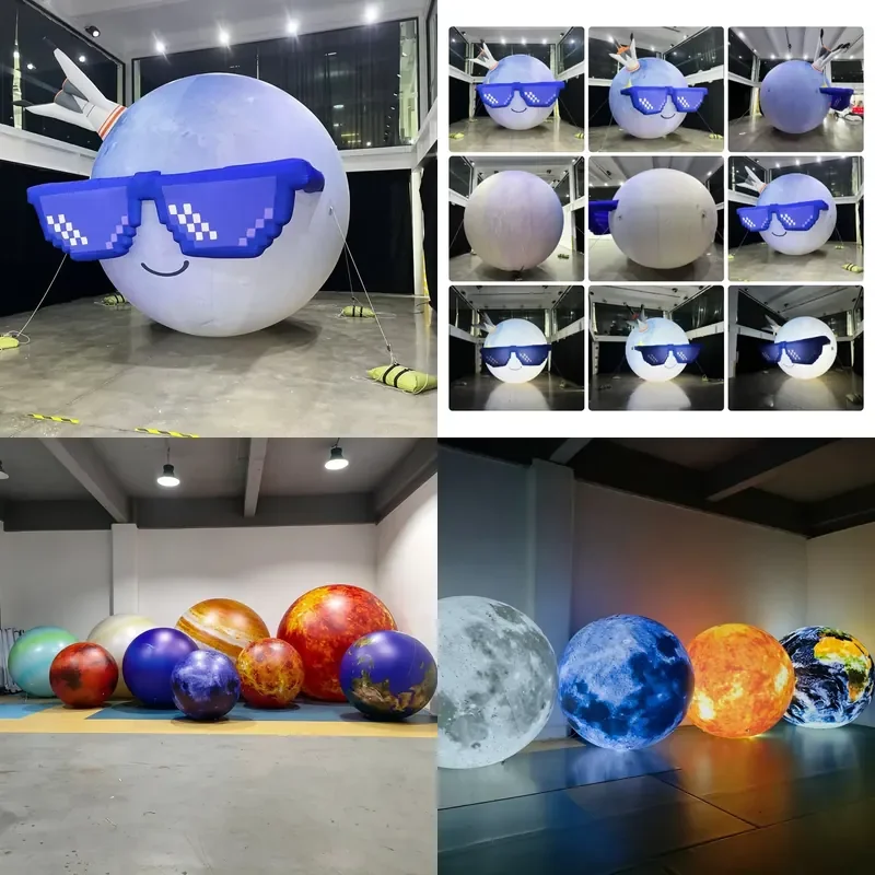 LED Lighting Inflatable Moon with Sunglasses&Crown Space Theme Inflatable Advertising Balloon Giant Inflatable Planet