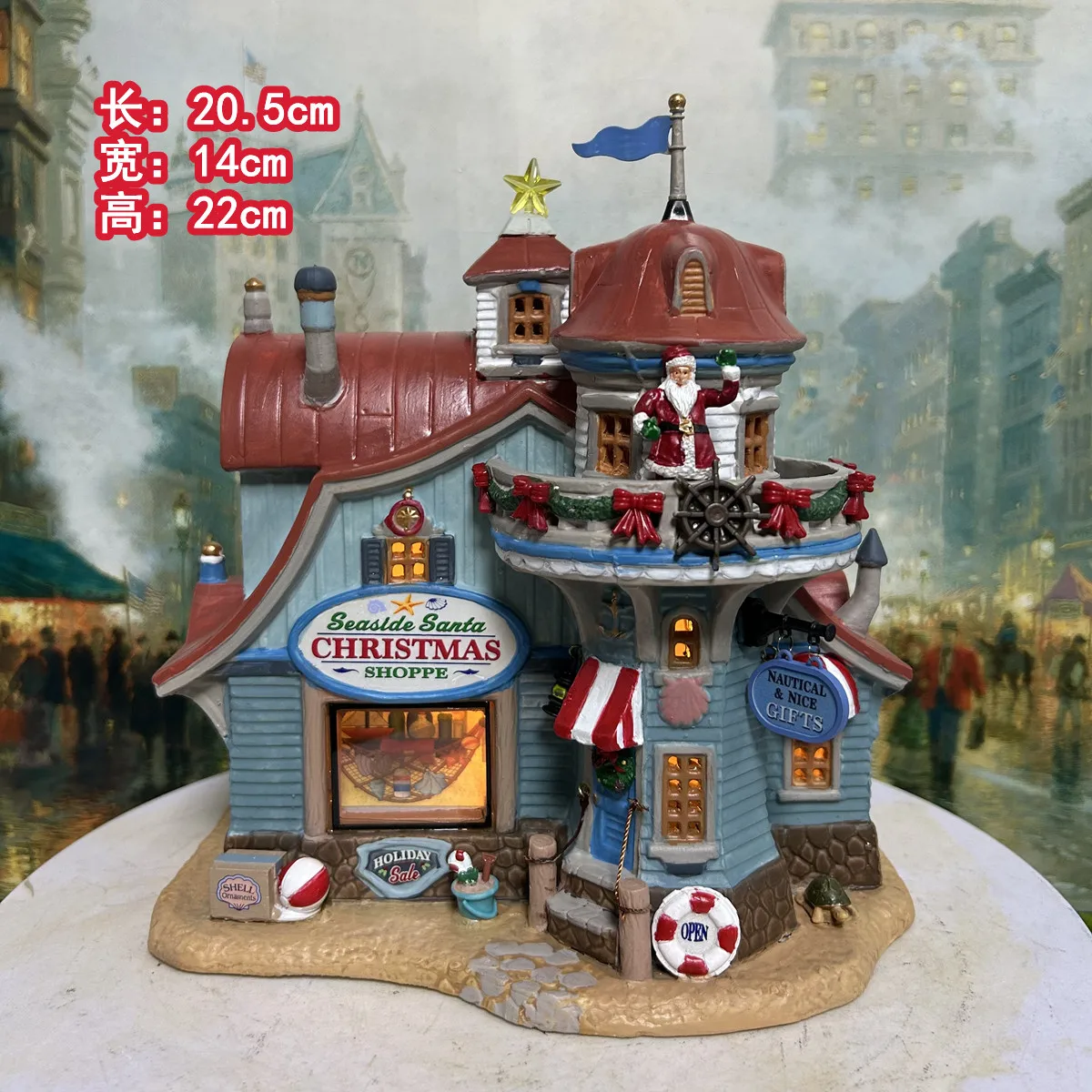 Seaside Santa Christmas Shoppe Ceramic Figurine LED Lighted Nautical Style Miniature Village House Santa Scene Desktop Ornament