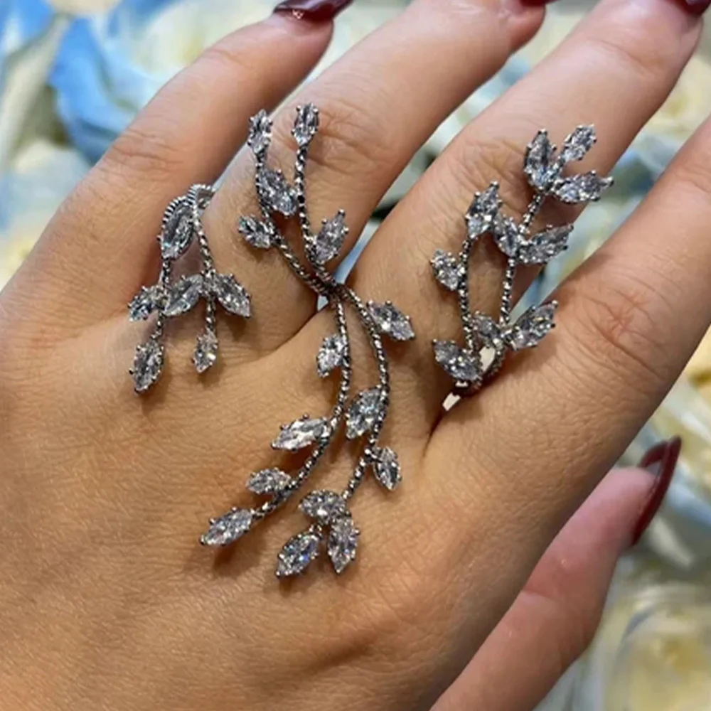 XSBODY Leaf Finger Ring Charm for Women Decoration Adjustable Cubic Zircon Wedding Accessories Bride Hand Jewelry Party Gift