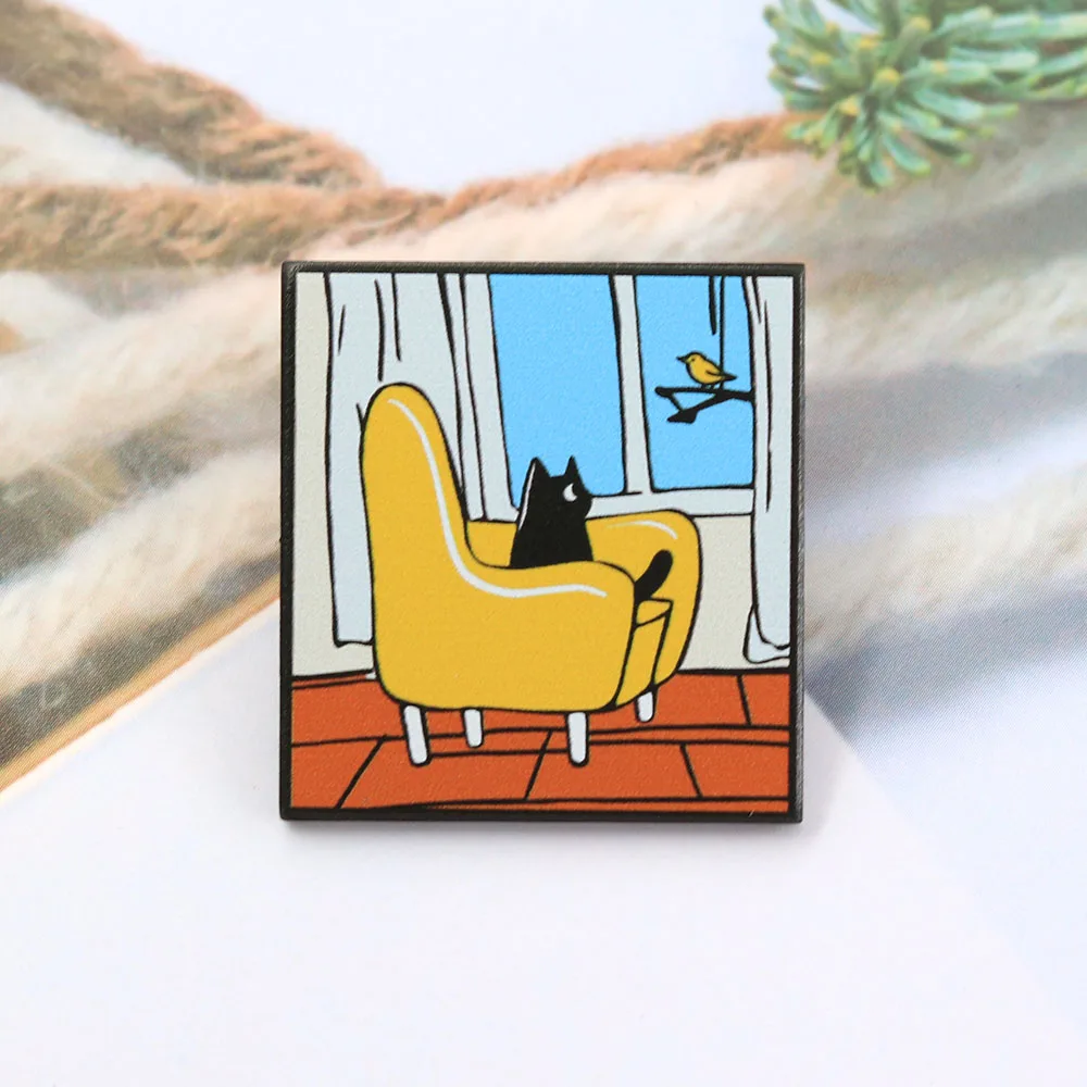 Cute Black Cat Yellow Sofa Enamel Pins Creative Cat Watching Bird Brooches Cartoon Window Badge Backpack Lapel Pin Jewelry Gift