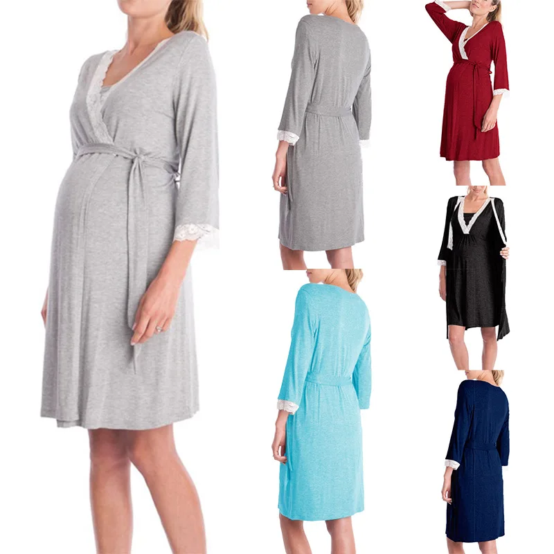 2026 New Fashion Lace Trim 7‑Sleeve Maternity Nightgown Elegant Loose Maternity Maxi Dress Loungewear Sleep Robe Pajama Dress