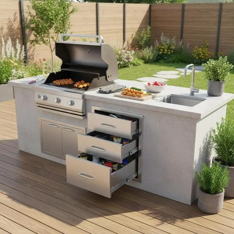 Cuisine extérieure en acier inoxydable avec trois tiroirs BBQ et poignées chromées, 458 x 585 x 588 mm